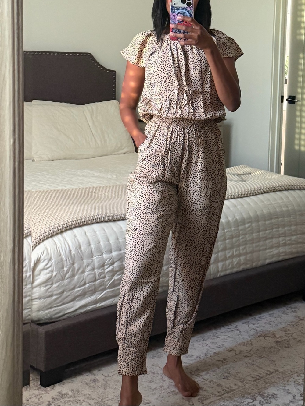 BEACHGOLD Beige Printed Flutter-Sleeve Jumpsuit